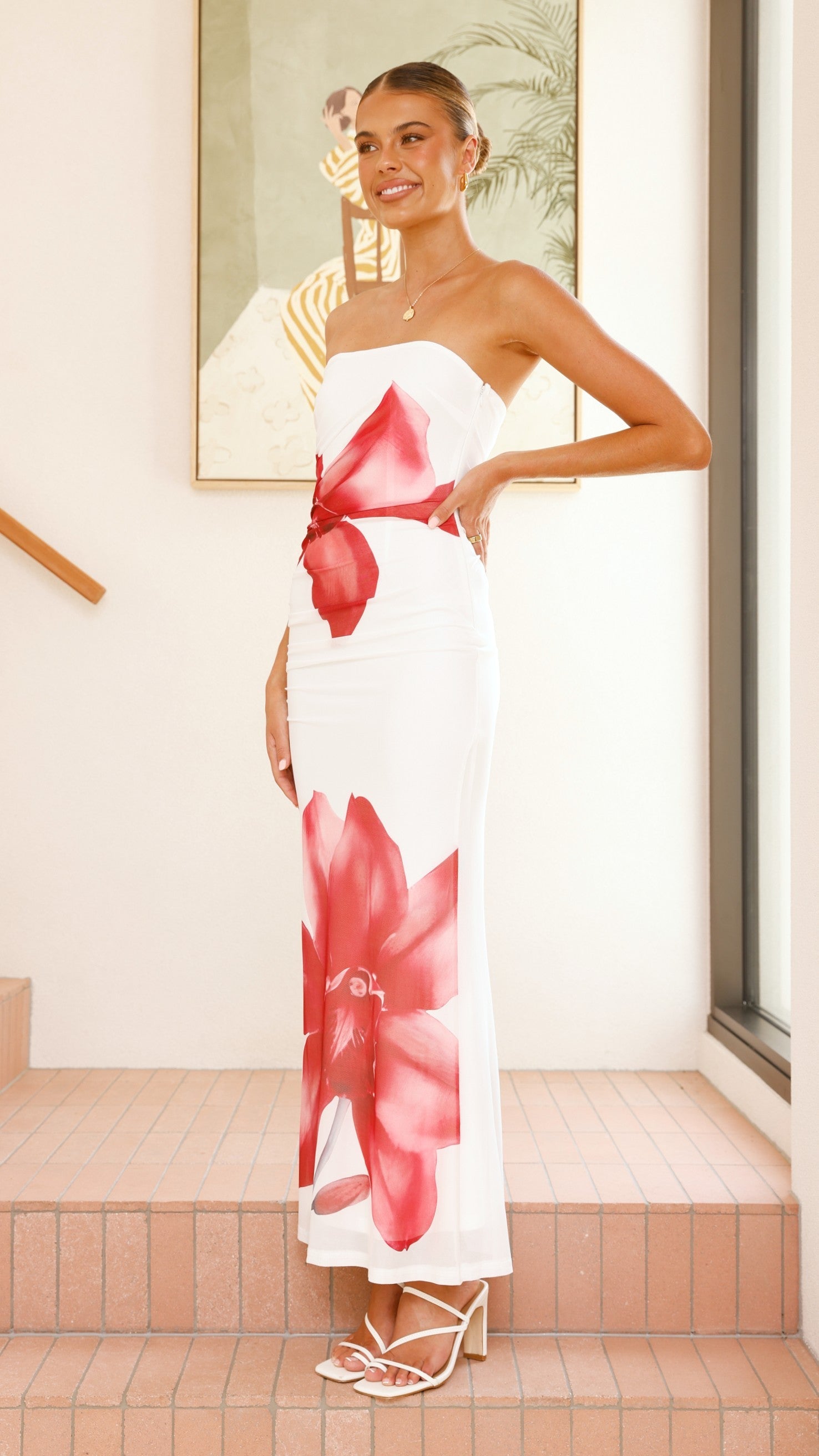 Brittani Strapless Maxi Dress - White/Red
