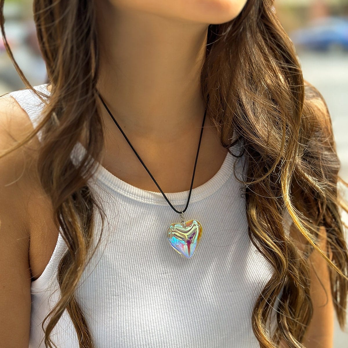 Crystal Heart Pendant Wax Cord String Choker Necklace
