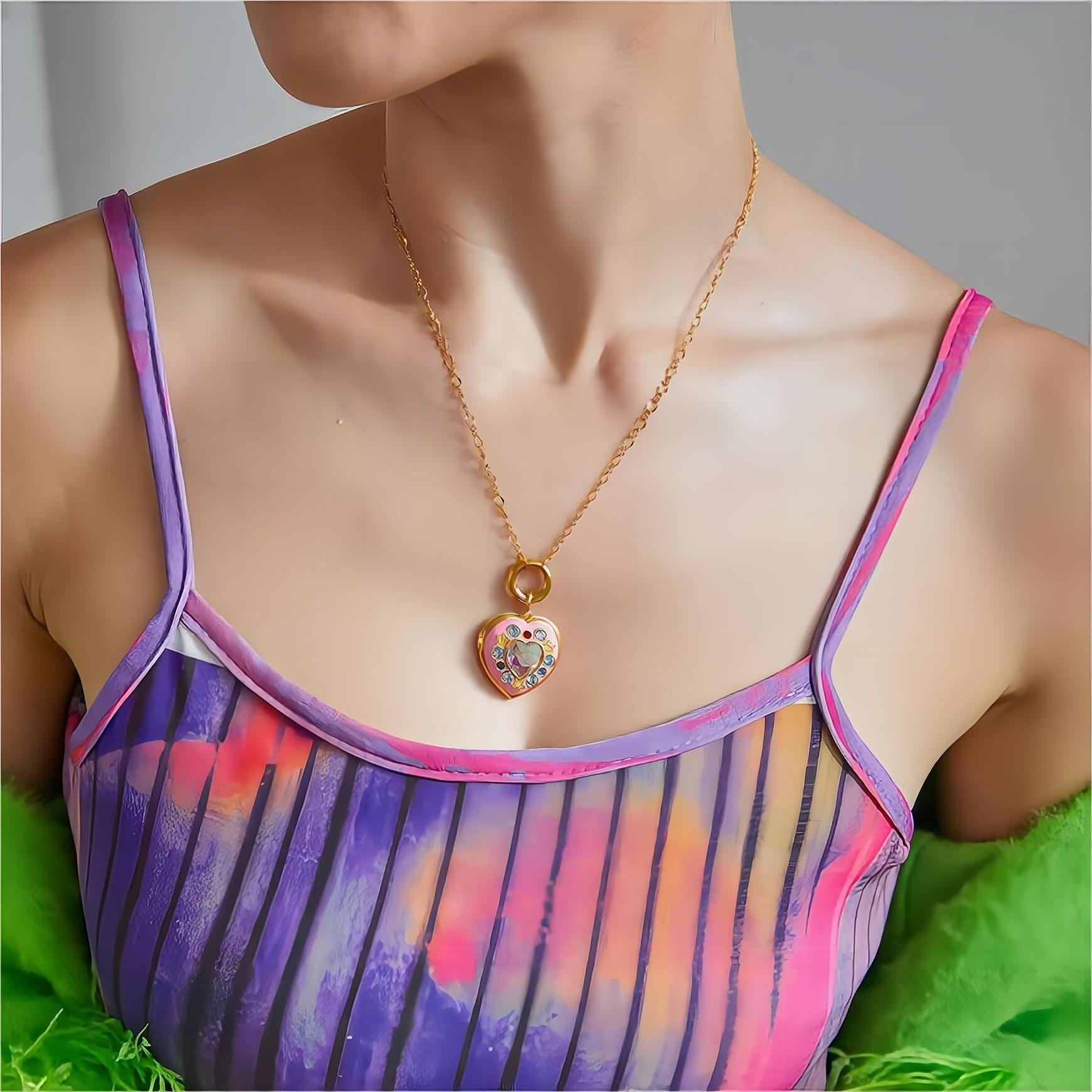 Crystal Inlaid 18K Gold Filled Enamel Heart Locket Necklace