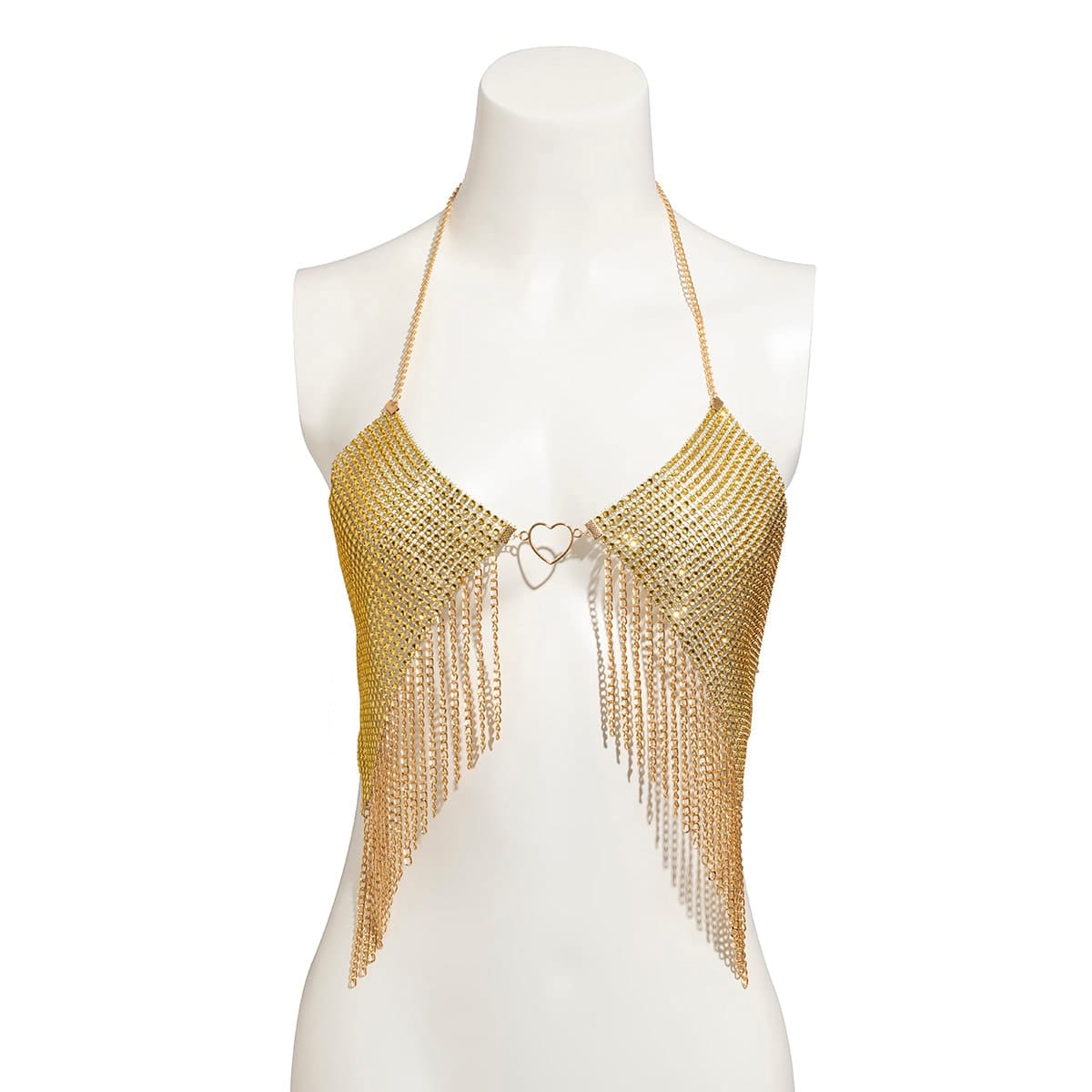 Crystal Mesh Body Chain Bra with Heart Charm and Tassel Detail - 18k Gold Silver Plated