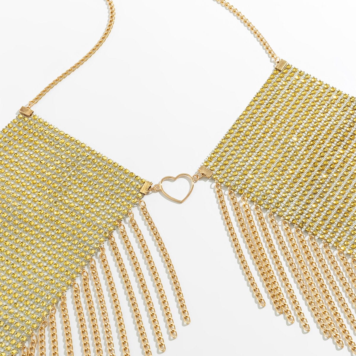 Crystal Mesh Body Chain Bra with Heart Charm and Tassel Detail - 18k Gold Silver Plated