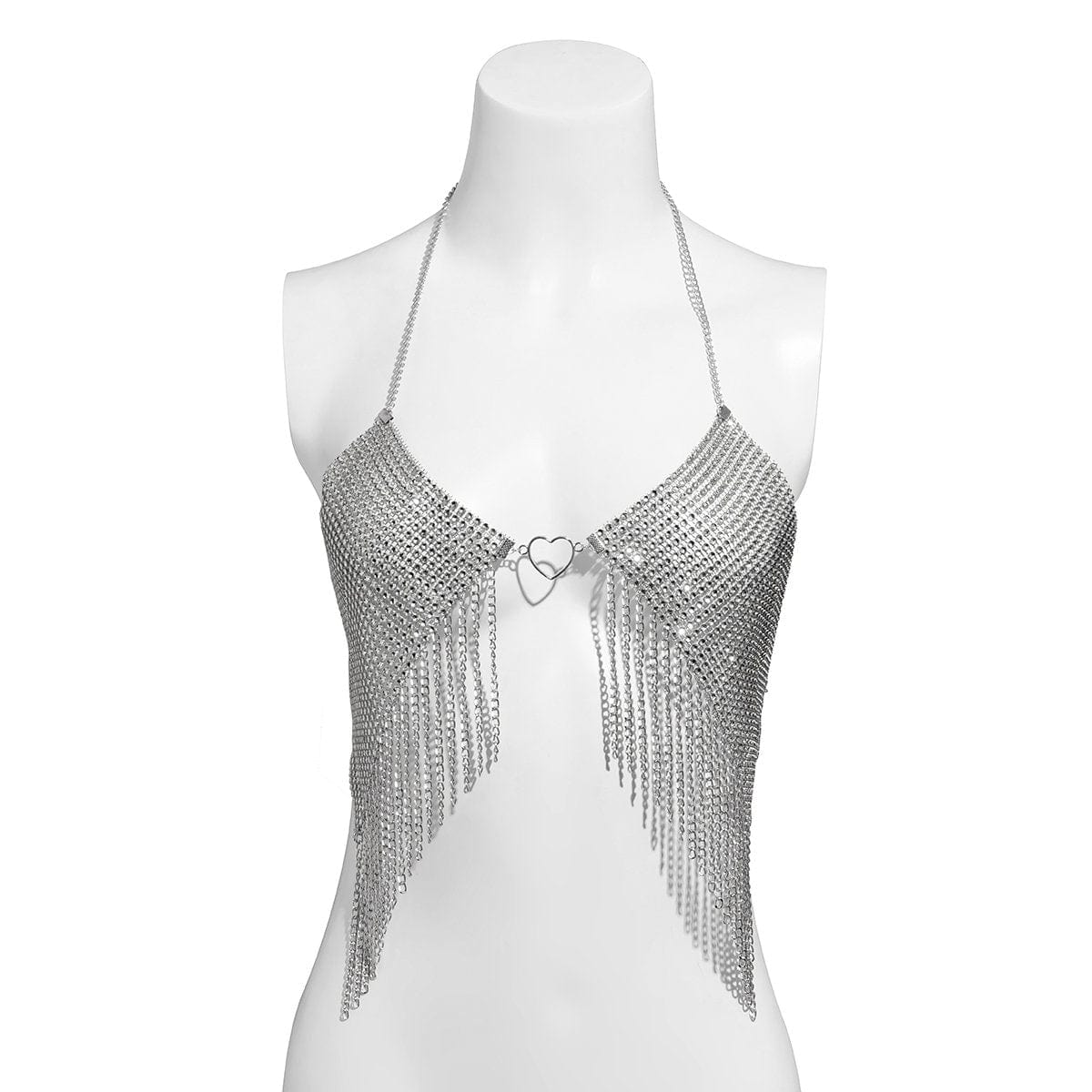 Crystal Mesh Body Chain Bra with Heart Charm and Tassel Detail - 18k Gold Silver Plated