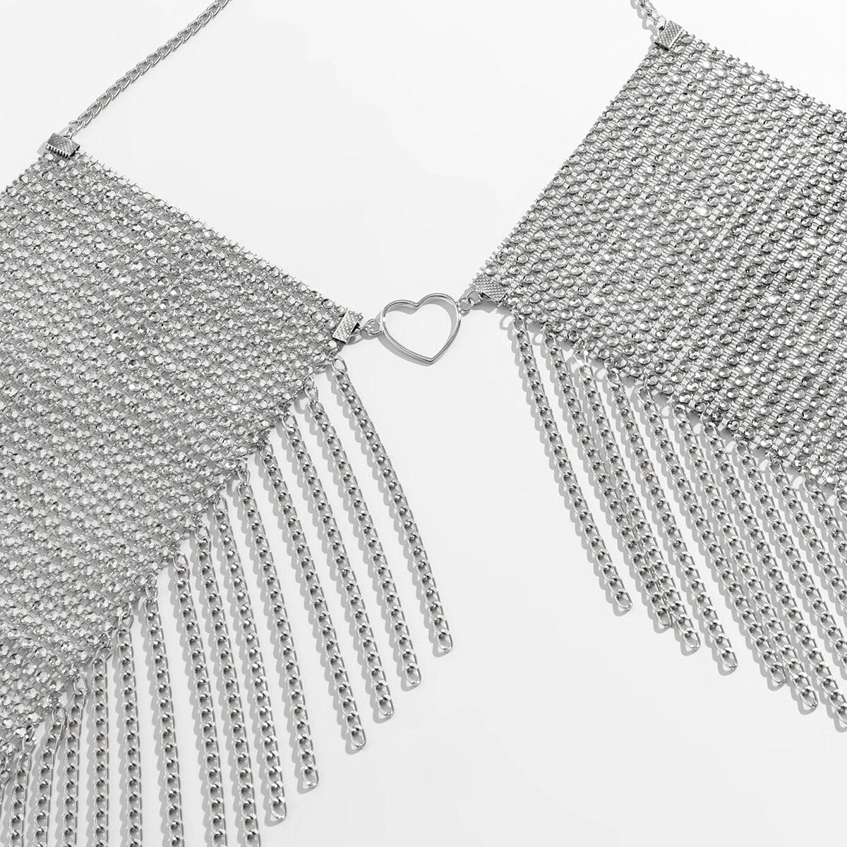 Crystal Mesh Body Chain Bra with Heart Charm and Tassel Detail - 18k Gold Silver Plated