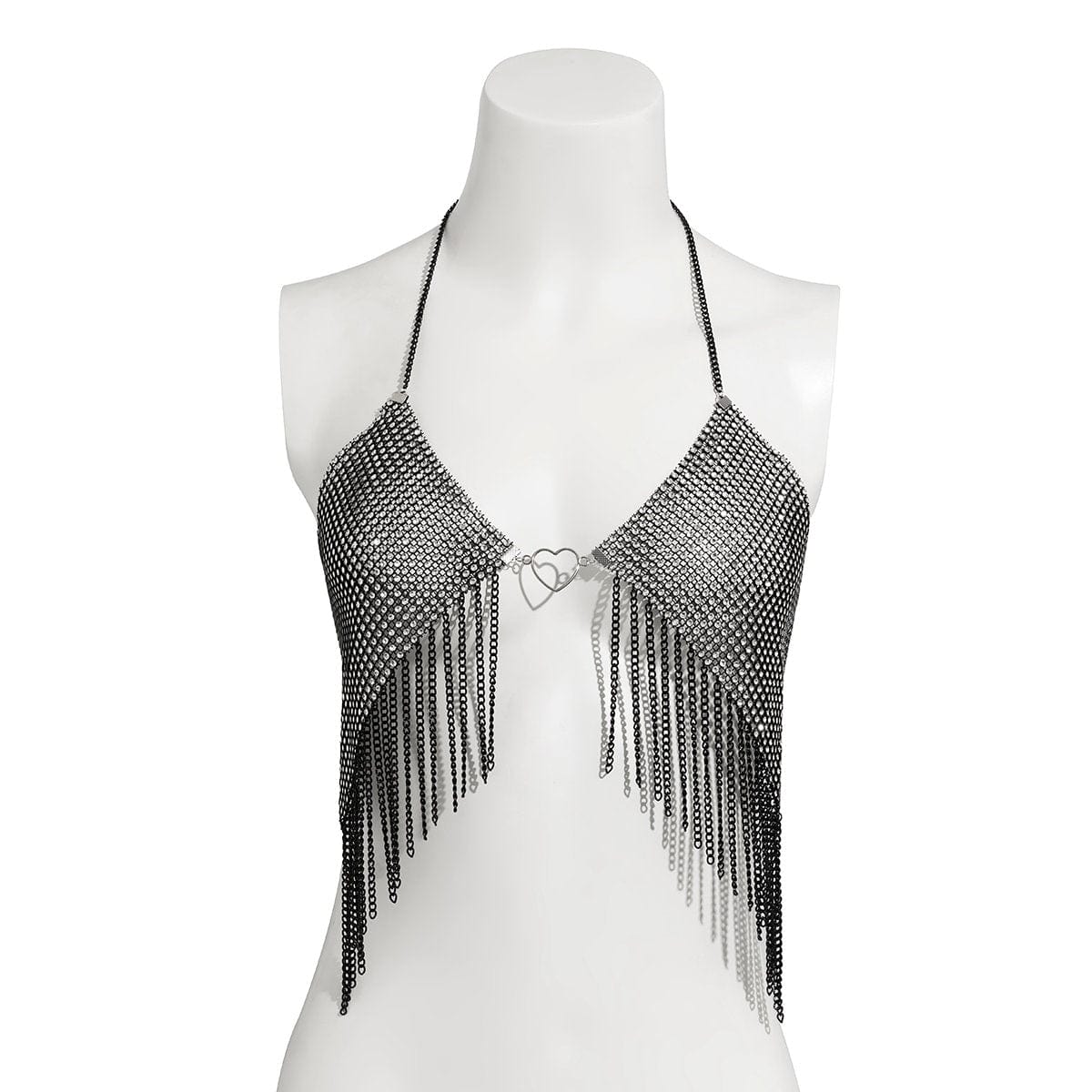 Crystal Mesh Body Chain Bra with Heart Charm and Tassel Detail - 18k Gold Silver Plated