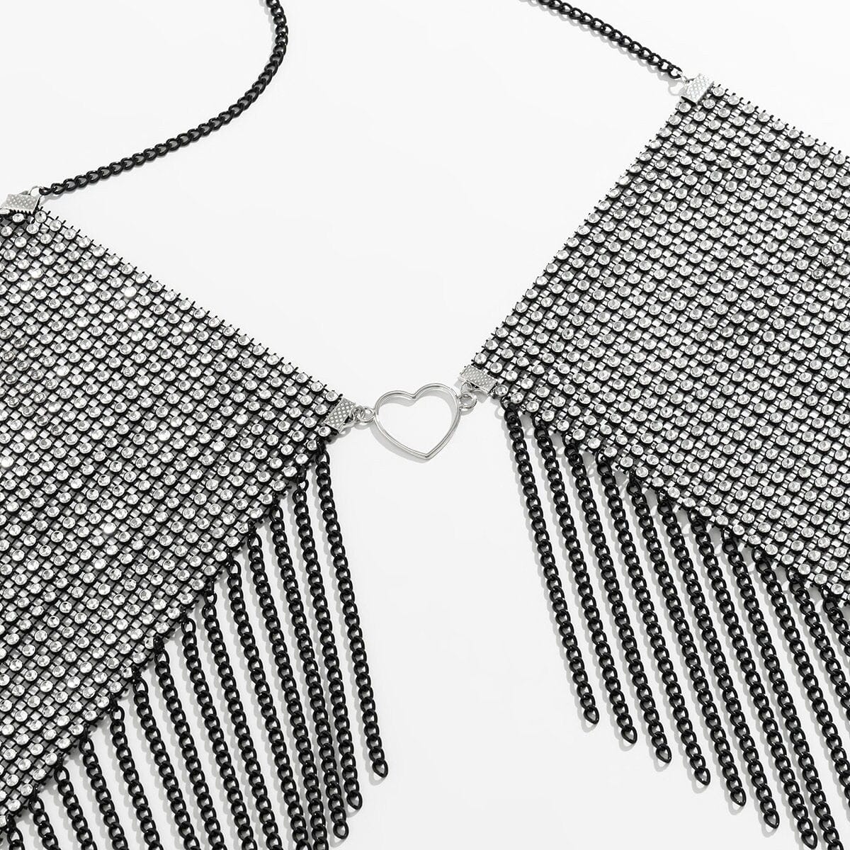 Crystal Mesh Body Chain Bra with Heart Charm and Tassel Detail - 18k Gold Silver Plated