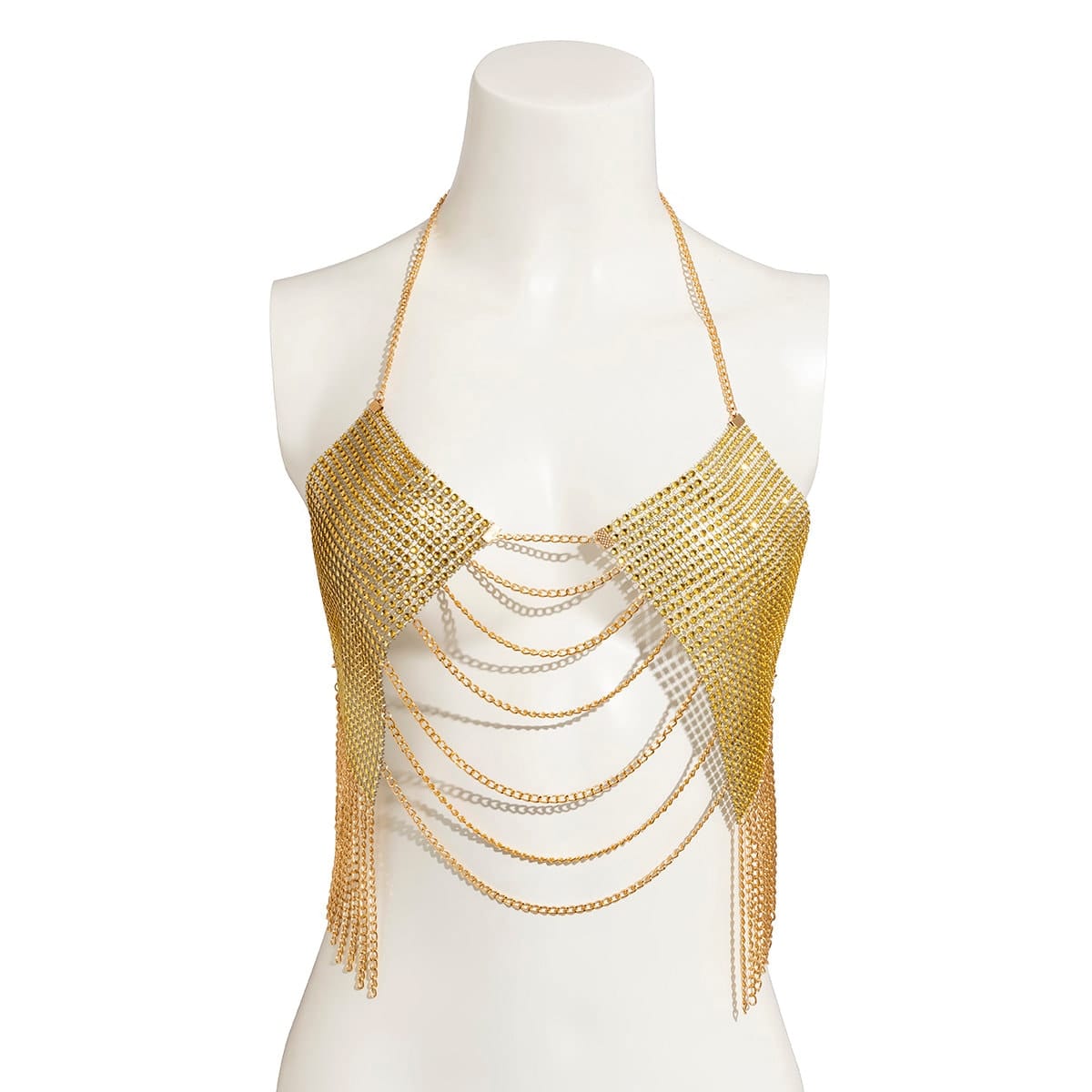 Crystal Mesh Body Chain Bra with Rhinestone Inlay and Tassel Detail - 18k Gold Silver Plated