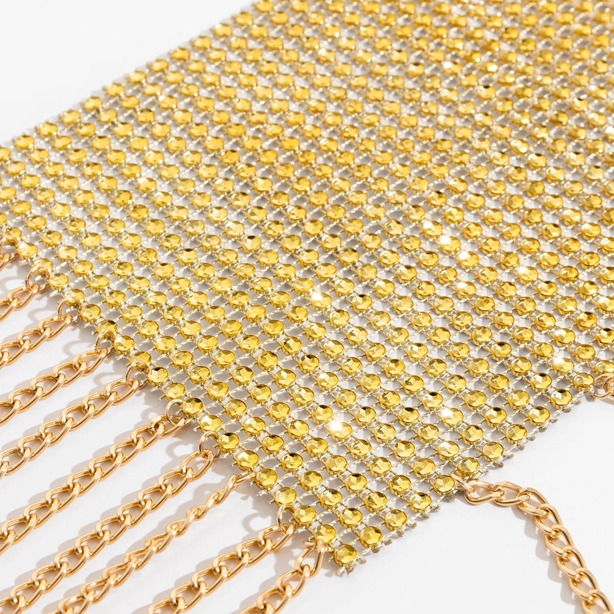 Crystal Mesh Body Chain Bra with Rhinestone Inlay and Tassel Detail - 18k Gold Silver Plated