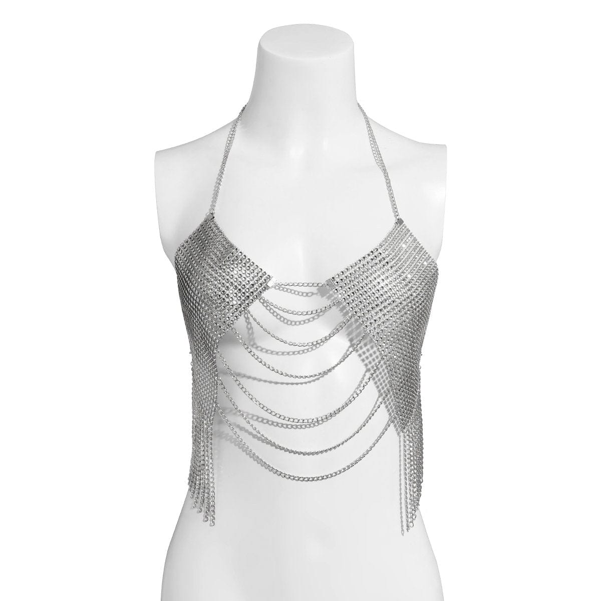Crystal Mesh Body Chain Bra with Rhinestone Inlay and Tassel Detail - 18k Gold Silver Plated