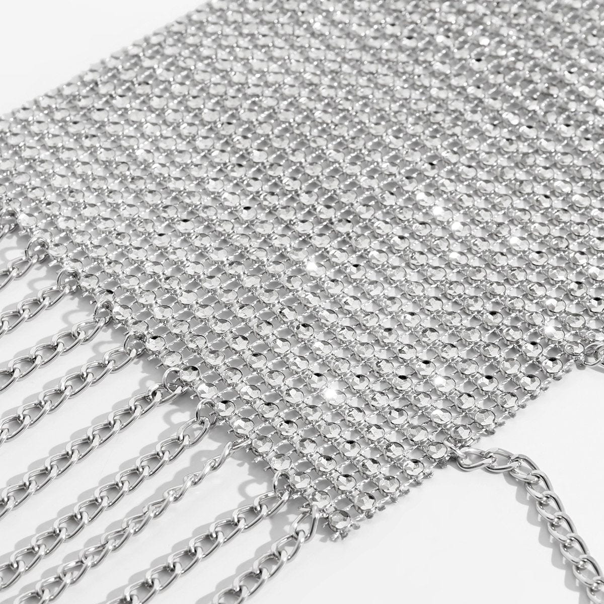Crystal Mesh Body Chain Bra with Rhinestone Inlay and Tassel Detail - 18k Gold Silver Plated