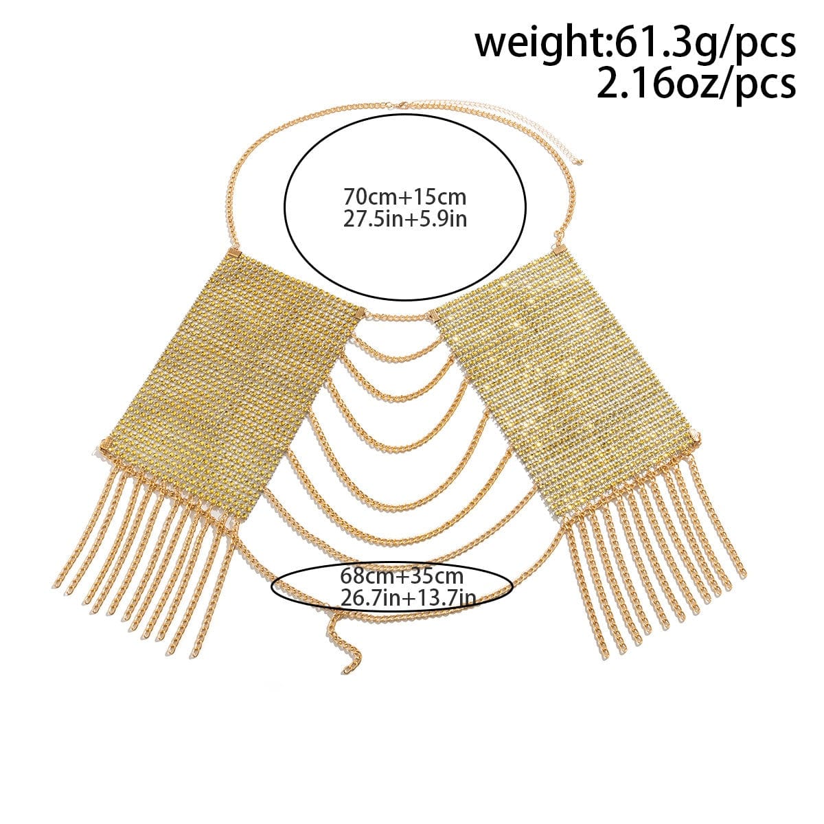 Crystal Mesh Body Chain Bra with Rhinestone Inlay and Tassel Detail - 18k Gold Silver Plated