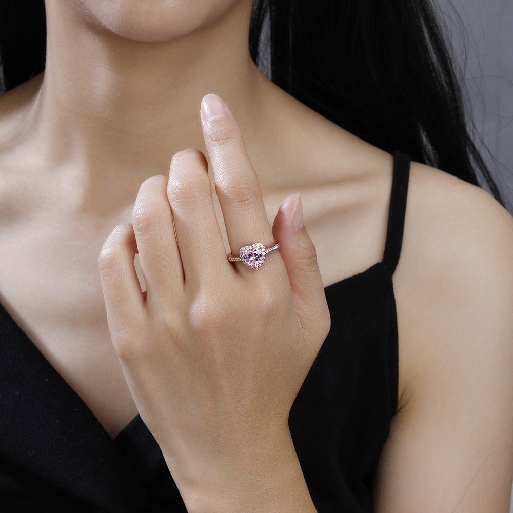 Cubic Zirconia Inlaid Pink Heart Ring