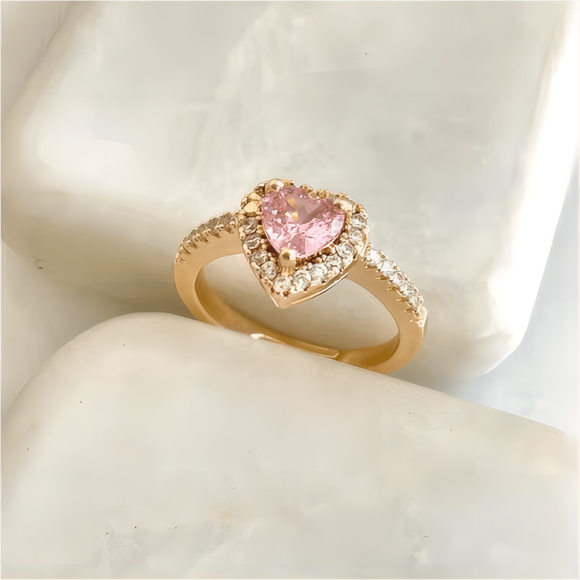 Cubic Zirconia Inlaid Pink Heart Ring