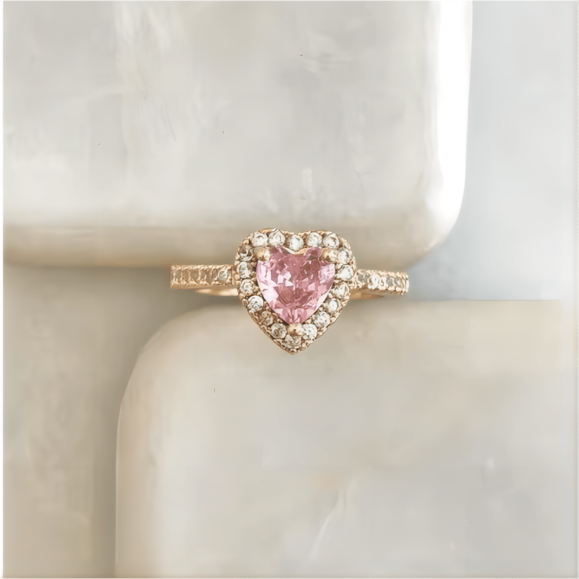 Cubic Zirconia Inlaid Pink Heart Ring