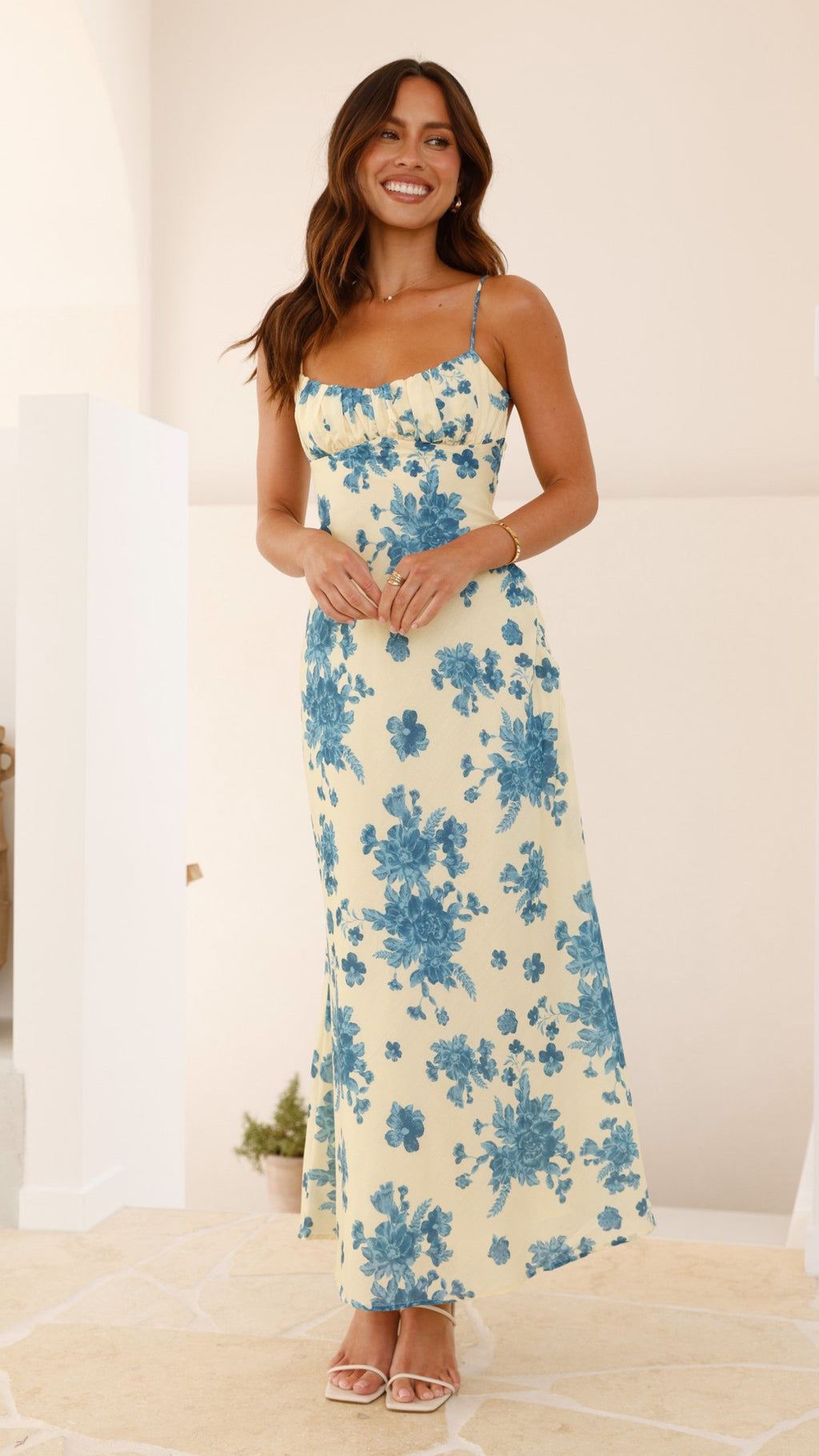 Margie Midi Dress - Yellow / Blue Floral