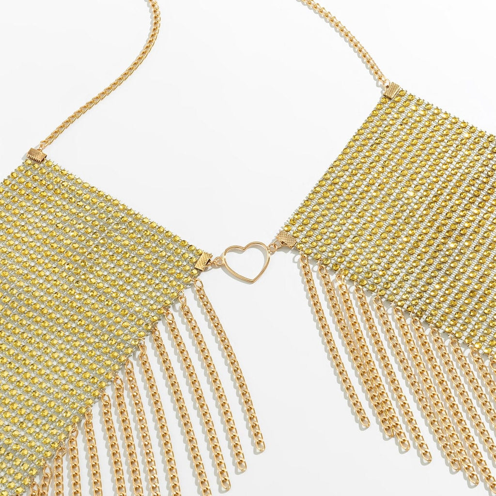 Crystal Mesh Body Chain Bra with Heart Charm and Tassel Detail - 18k Gold Silver Plated