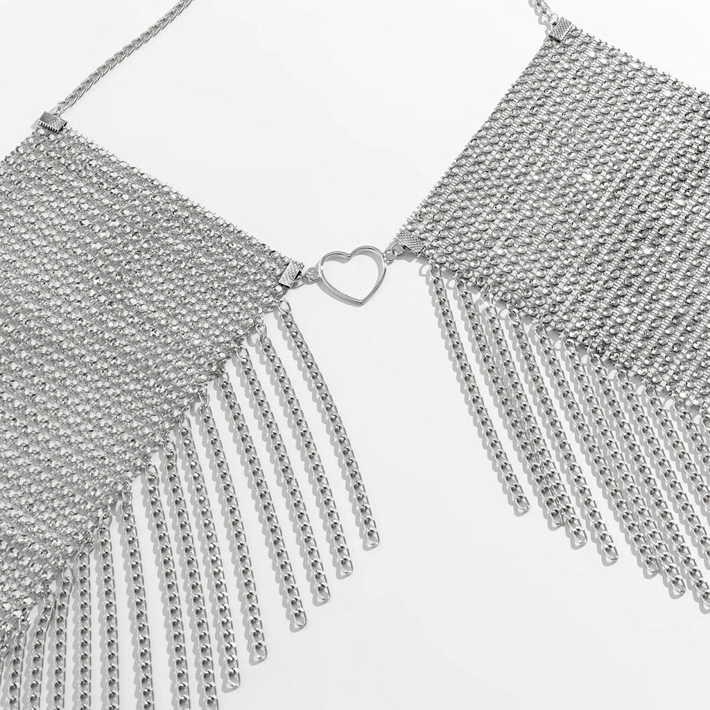 Crystal Mesh Body Chain Bra with Heart Charm and Tassel Detail - 18k Gold Silver Plated