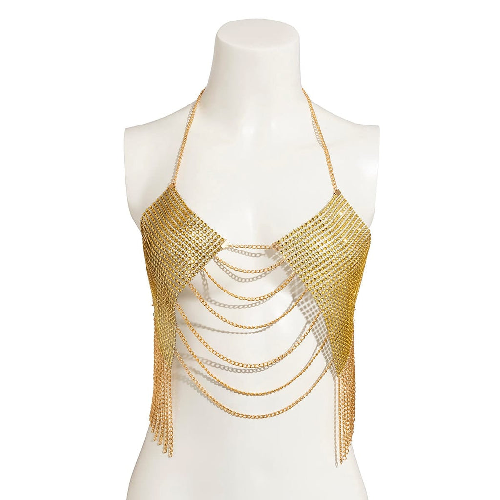 Crystal Mesh Body Chain Bra with Rhinestone Inlay and Tassel Detail - 18k Gold Silver Plated