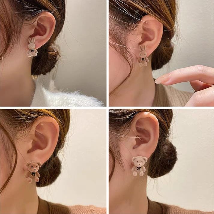 Cute Flocking Rabbit Bear Ear Studs